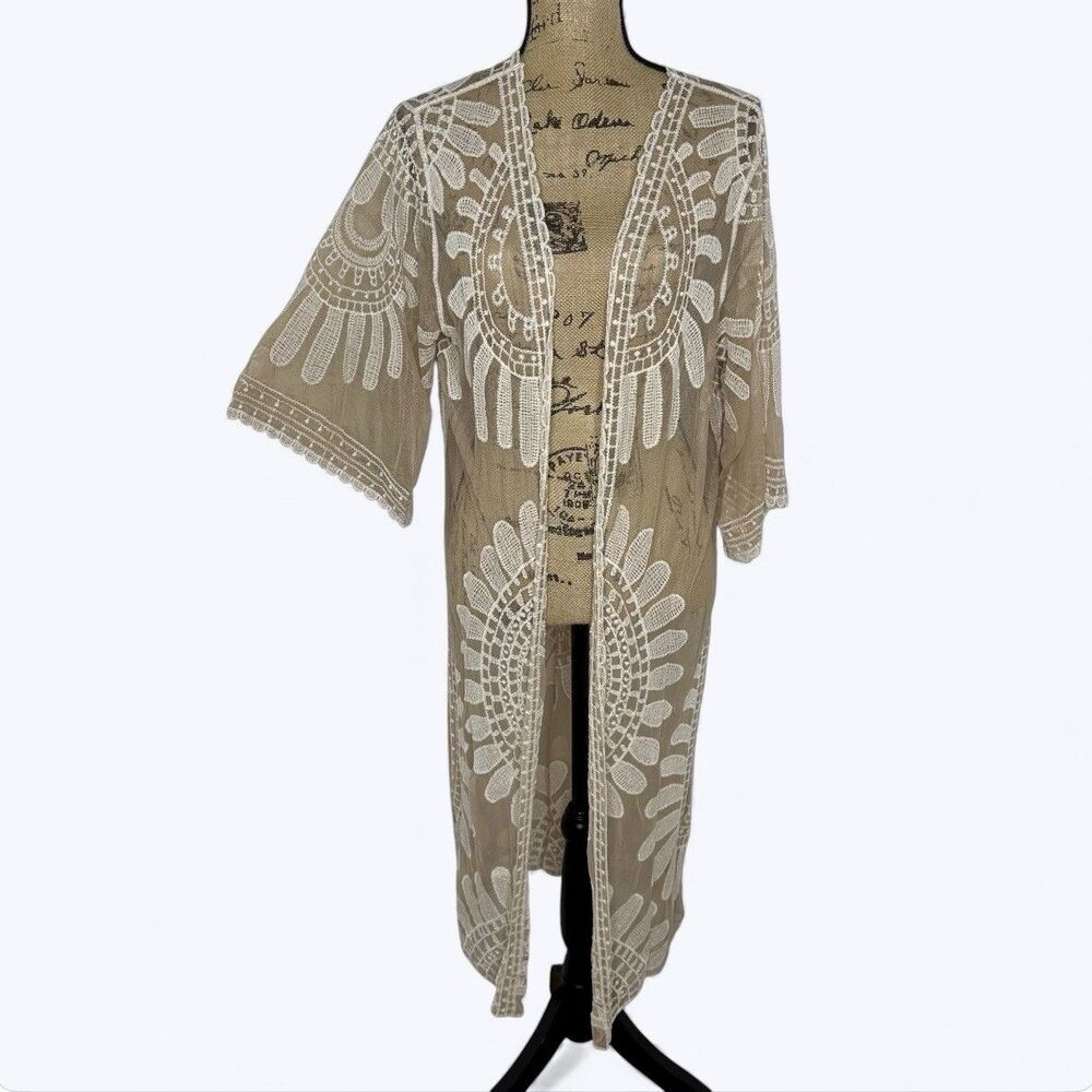 Rebellion Again Sheer Lace Mesh Duster Cardigan Womens Sz M Festival Boho Fairy